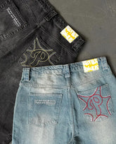 Threebooy Y2K New PROTECT Jeans Letter Embroidery Washed Blue Baggy Jeans Men and Women Retro Harajuku Hip-Hop High Waist Wide Leg Trouser
